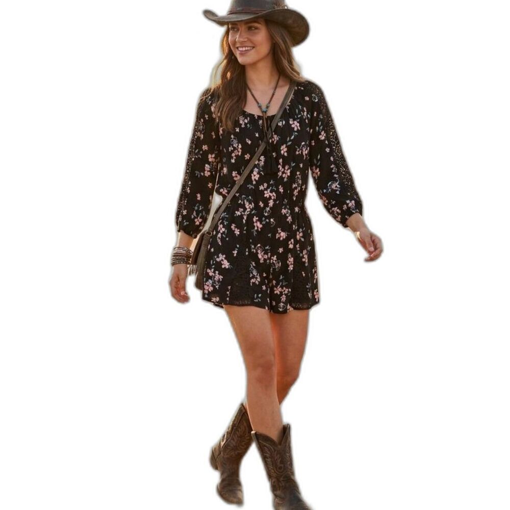 XHILARATION Floral Lantern Sleeve Romper Women's S Boho Cottagecore Festival